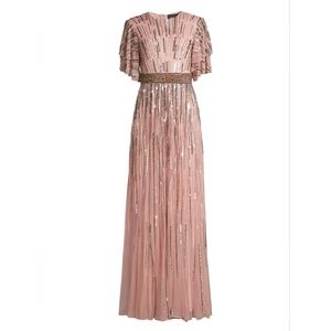 NWT Mac Duggal Pink Blush Beaded Flutter Sleeve Sequin Long Gown size 8 $698‎